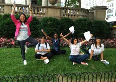 Corporate team building scavenger hunt group finds a peaceful location in New York Midtown.