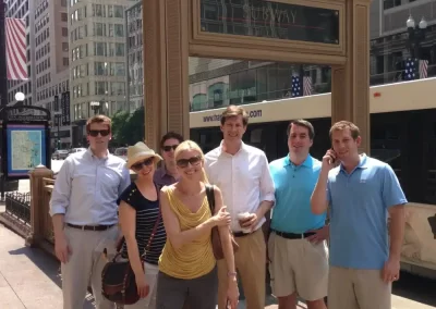 7 team members standing on a road during a team building activity in Chicago.