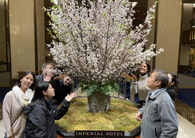 A scavenger hunt team of 7 stand circling a cherry blossom tree.
